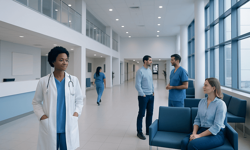 Modern hospital lobby with medical staff and patients in a bright, spacious setting.