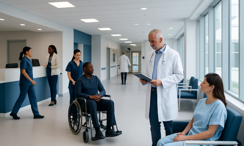Medical team consulting with a patient in a hospital corridor.