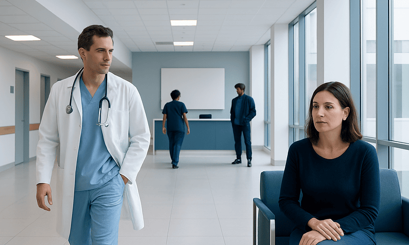 Doctor and patient in hospital corridor at Acibadem Hospitals Group.