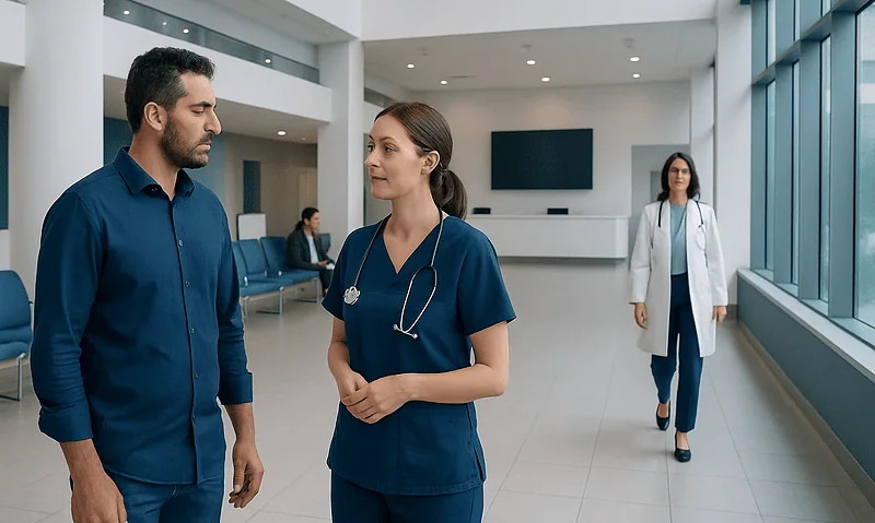Healthcare professionals discussing in hospital corridor with large windows.