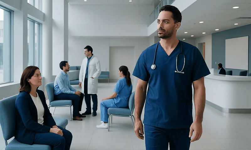 Healthcare professional in a hospital waiting area with patients and staff.