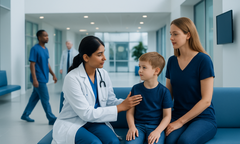Pediatric cardiology consultation at Acibadem Hospital with doctor and young patient.
