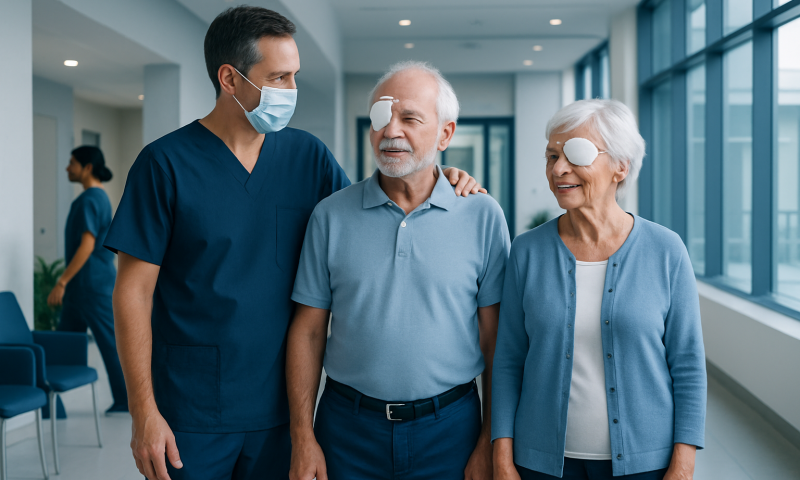 Ophthalmologist consulting elderly couple in hospital corridor.