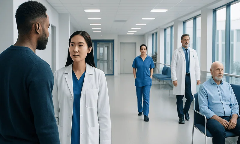 Medical professionals and patient in a hospital corridor at Acibadem Hospitals Group.