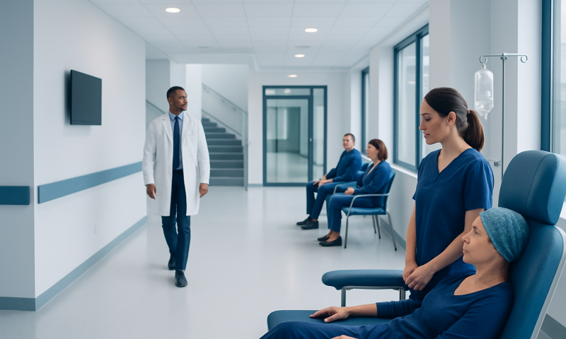Doctor consulting patients in a modern hospital corridor.