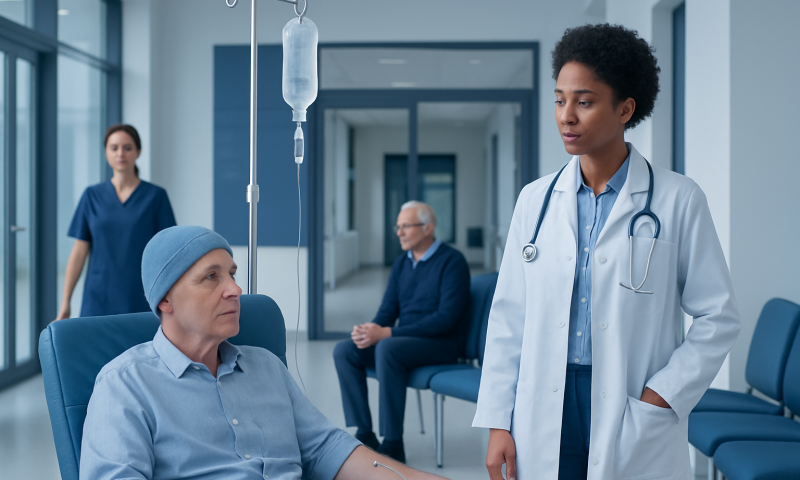 Doctor consulting a patient with IV drip in hospital corridor.