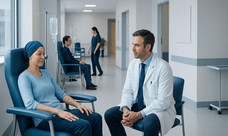 Doctor consulting a patient in a hospital corridor with other patients nearby.