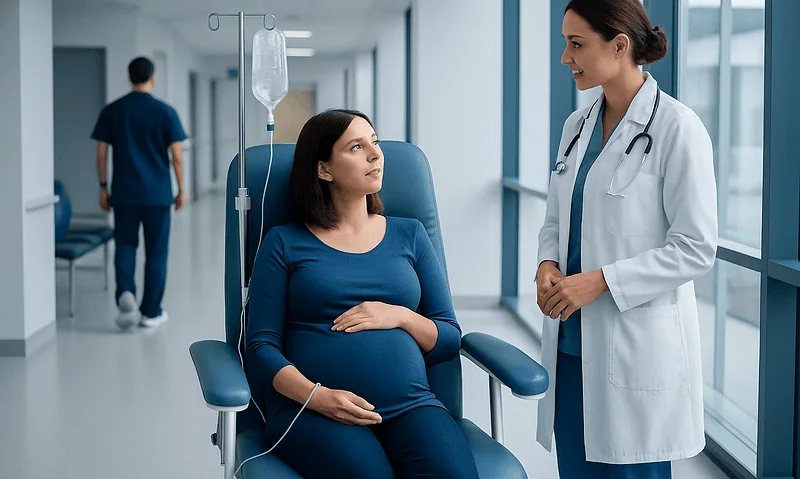 Pregnant woman receiving IV therapy in hospital with doctor.