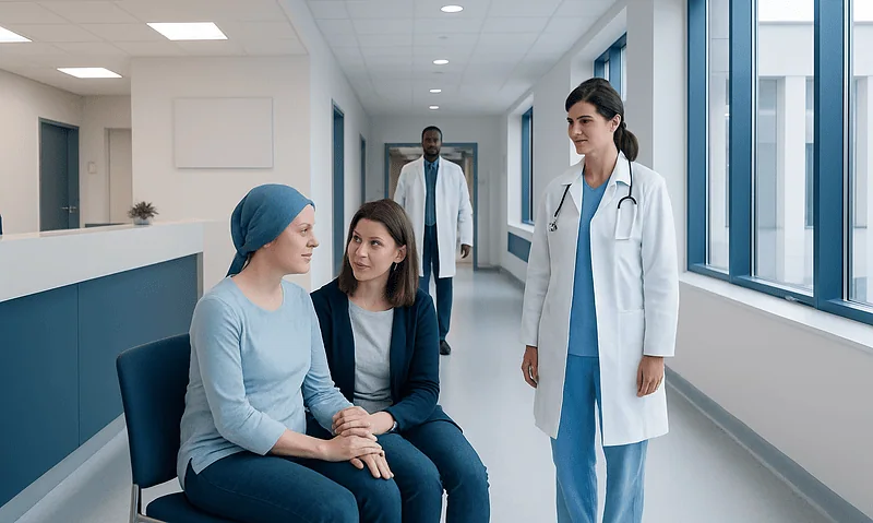 Chemotherapy Precautions for Family Members at Home: How It Works, Results and What to Expect 5 Patient and family member talking to doctor in hospital corridor.