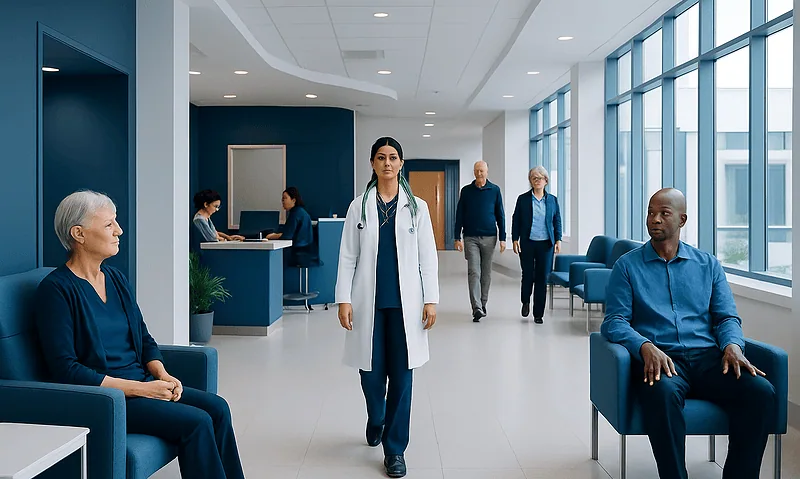Medical staff and patients in a modern hospital waiting area.