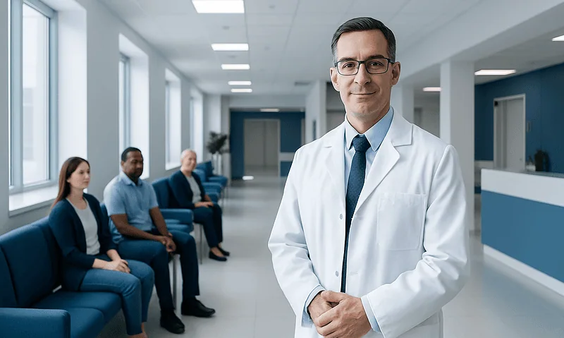 Doctor in white coat with patients in hospital corridor.