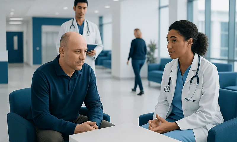 Doctor consulting male patient in modern hospital setting.