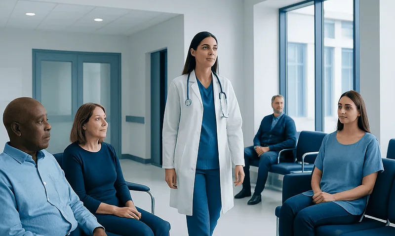 Doctor consulting with patients in a hospital waiting area.