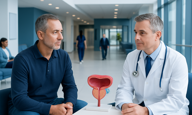 Prostate Surgery Options: Procedure, Recovery and Results 17 Urologist consulting with patient about prostate health in hospital.