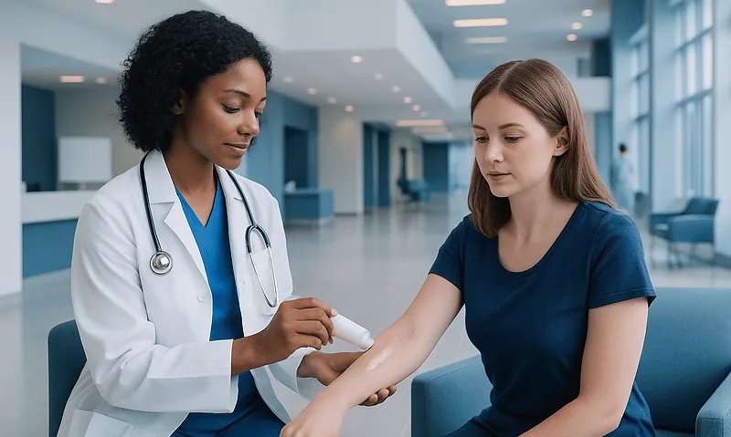 Doctor applying cream to patient's arm in hospital setting.