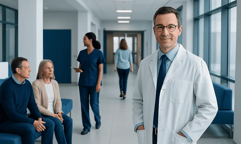 Eye doctor in hospital corridor with patients and staff.