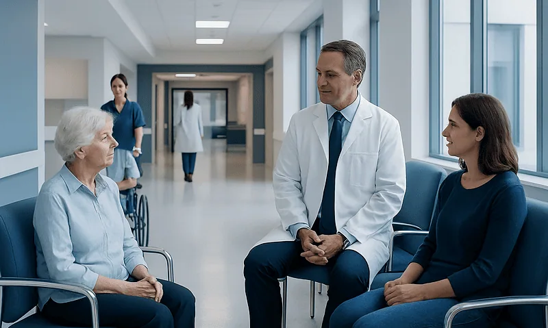 Doctor consulting elderly patient in hospital corridor.