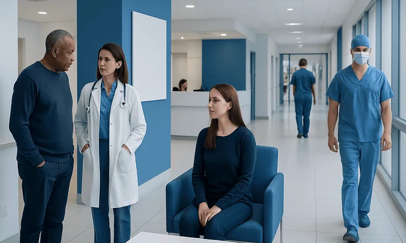 Patient consulting with doctor in hospital corridor for prostate treatment options.