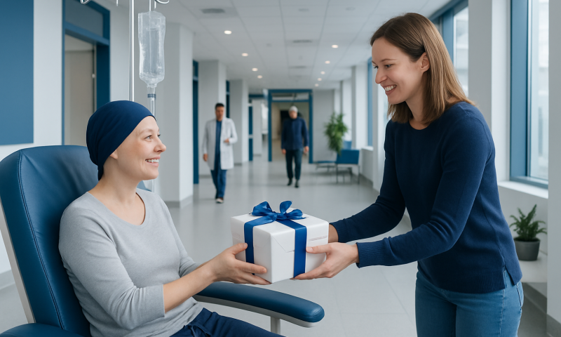 Woman in hospital gown receives gift from visitor in hospital corridor.