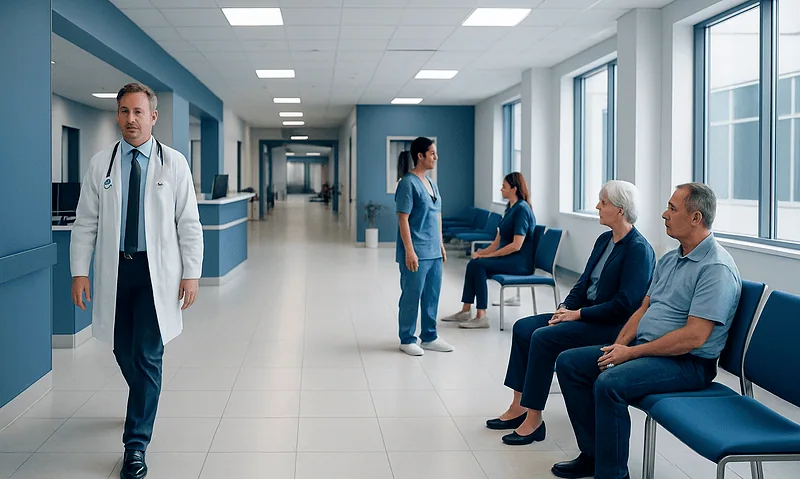 Hospital corridor with doctors and patients in a modern medical facility.
