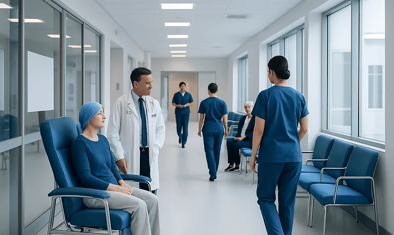 Hospital corridor with medical staff and patient in blue scrubs and gown.