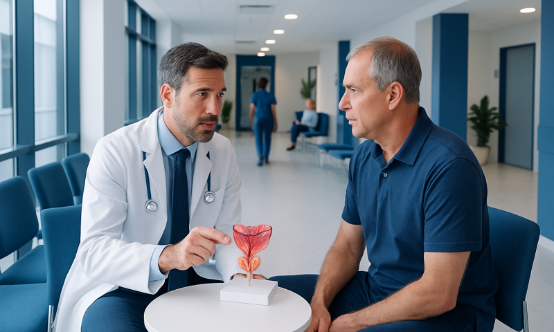 Urologist explaining prostate health to patient in hospital setting.