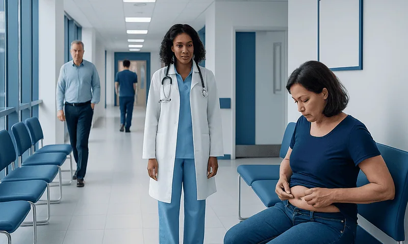 Doctor with patient in hospital corridor, healthcare setting.
