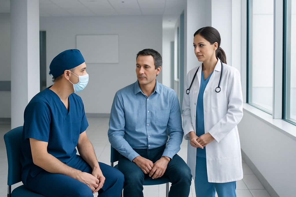 Safest Anesthesia for Colonoscopy: Preparation, Procedure and Results 1 Doctor and nurse consulting with patient in hospital corridor.
