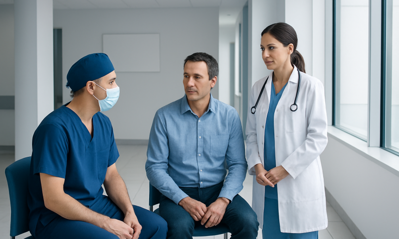 Doctor and nurse consulting with patient in hospital corridor.