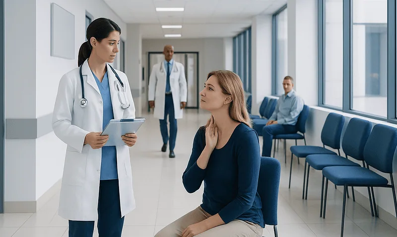 Doctor consulting with a patient in a hospital corridor.