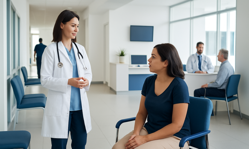 Doctor consulting a patient in a modern hospital waiting area.