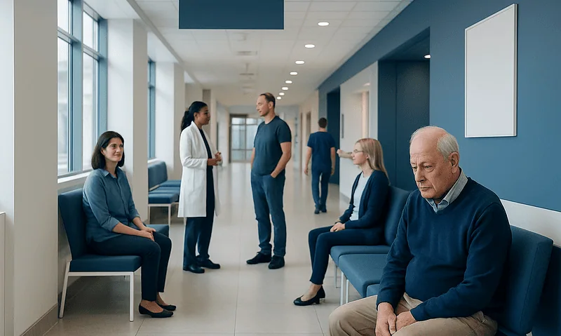 Patients waiting in a hospital corridor with medical staff consulting.