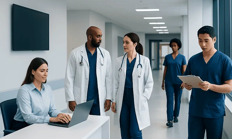 Medical team discussing patient care in hospital corridor.