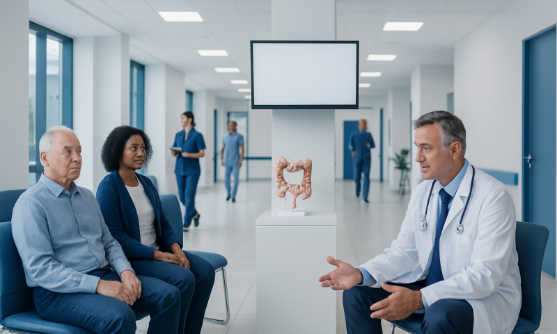 Doctor explaining colorectal health to patients in a hospital setting.