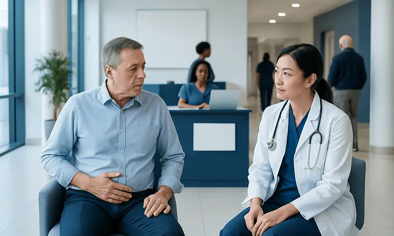 Doctor consulting with male patient in hospital lobby.