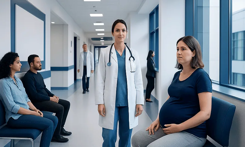 Pregnant woman in hospital waiting area with healthcare professionals nearby.