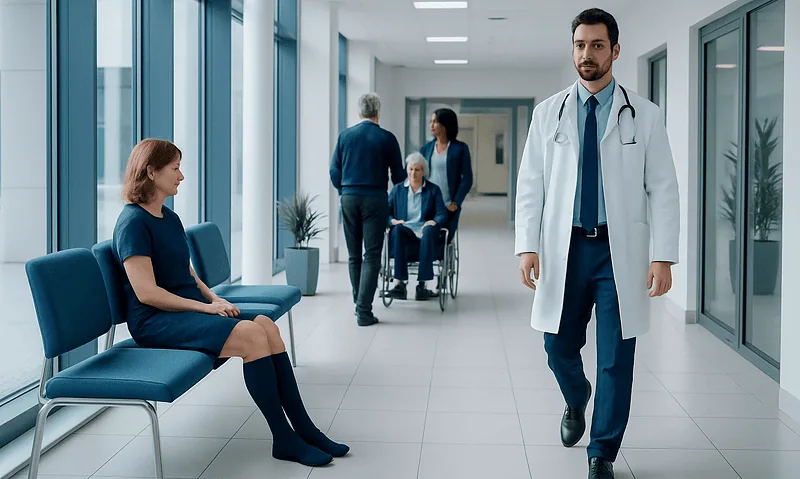 Medical staff and patients in a modern hospital corridor.