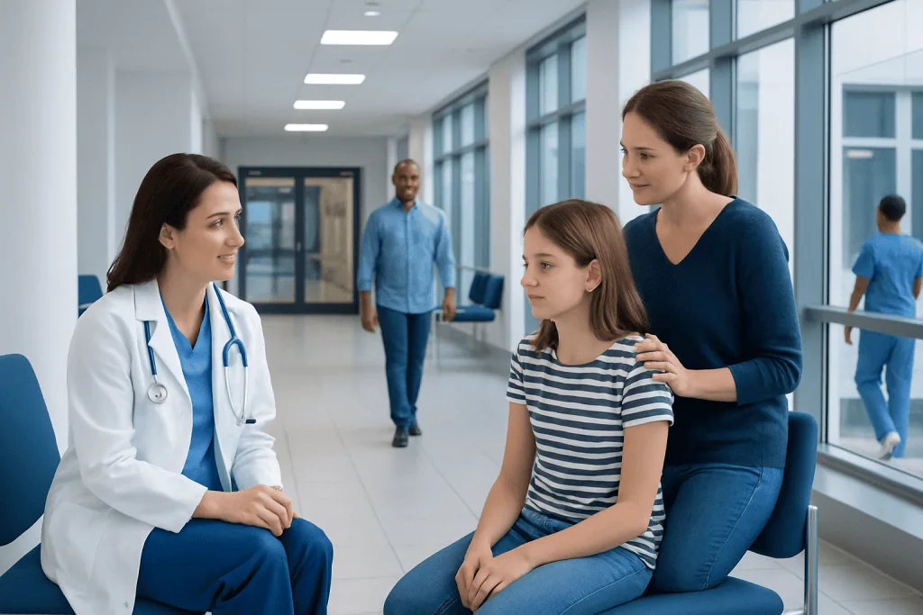 Congenital Nevi Birthmark Removal: Procedure, Recovery and Results 1 Doctor consulting young girl in hospital corridor with mother present.