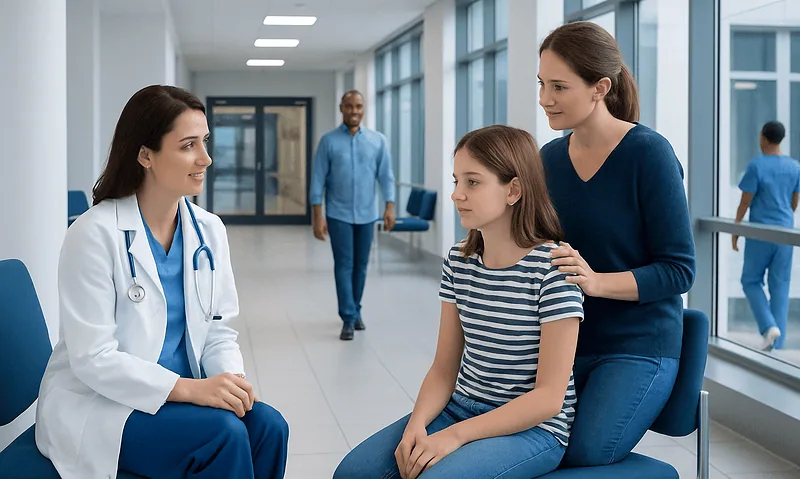 Doctor consulting young girl in hospital corridor with mother present.