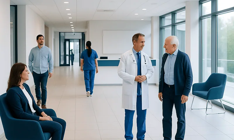 Medical professionals and patients in a modern hospital corridor.