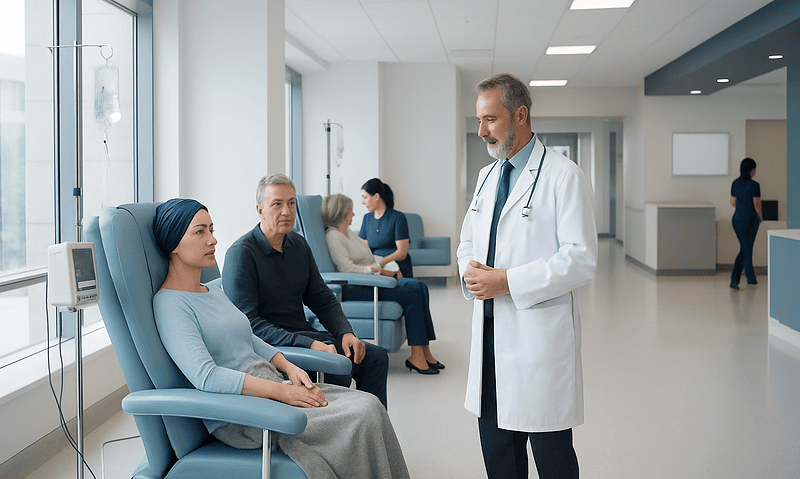 Doctor consulting cancer patient in hospital infusion room.