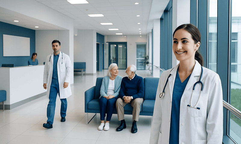 Smiling female doctor in hospital lobby with elderly patients and colleagues.