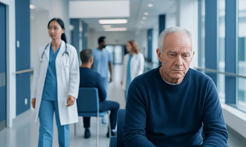 Elderly man waiting in hospital corridor with medical staff nearby.