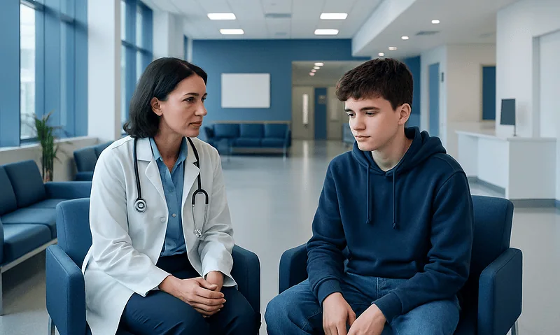 Doctor consulting with a teenage patient in a modern hospital waiting area.