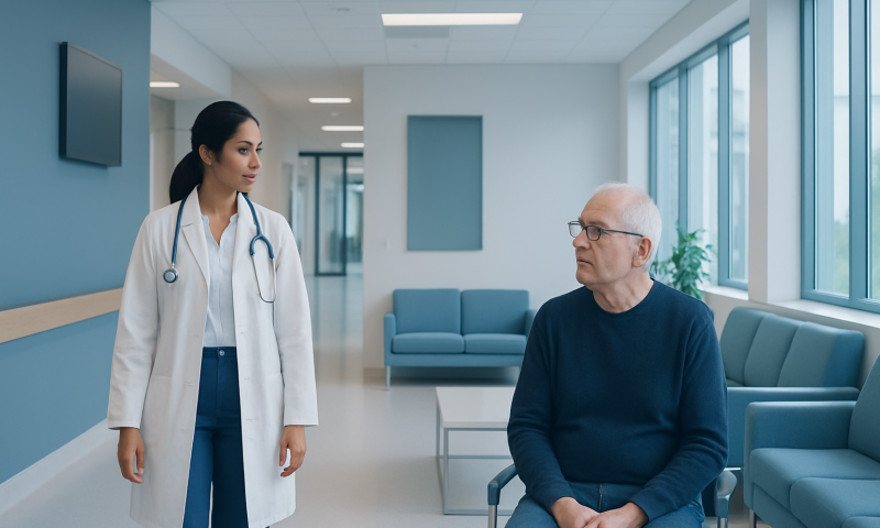 Doctor consulting elderly patient in hospital corridor.