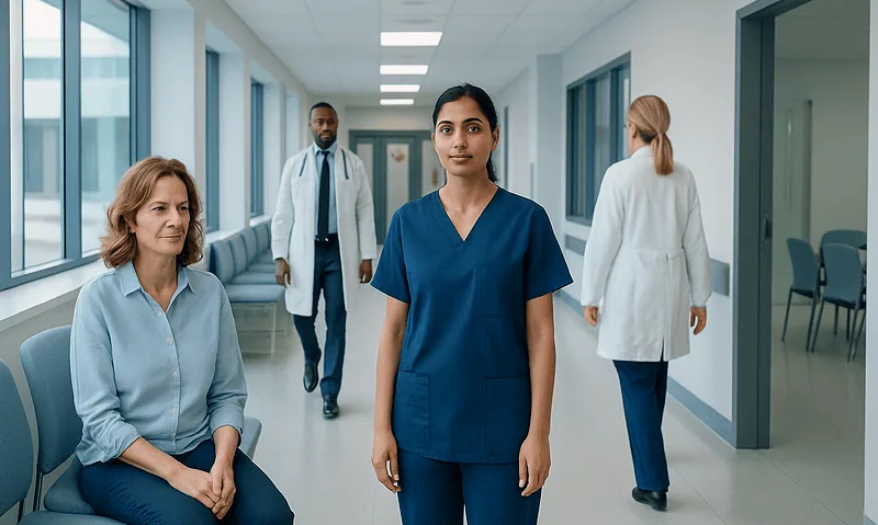 Healthcare professionals and patient in hospital corridor at Acibadem Hospitals Group.