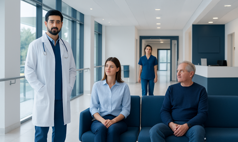 Medical consultation at Acibadem Hospital with doctor and patients.