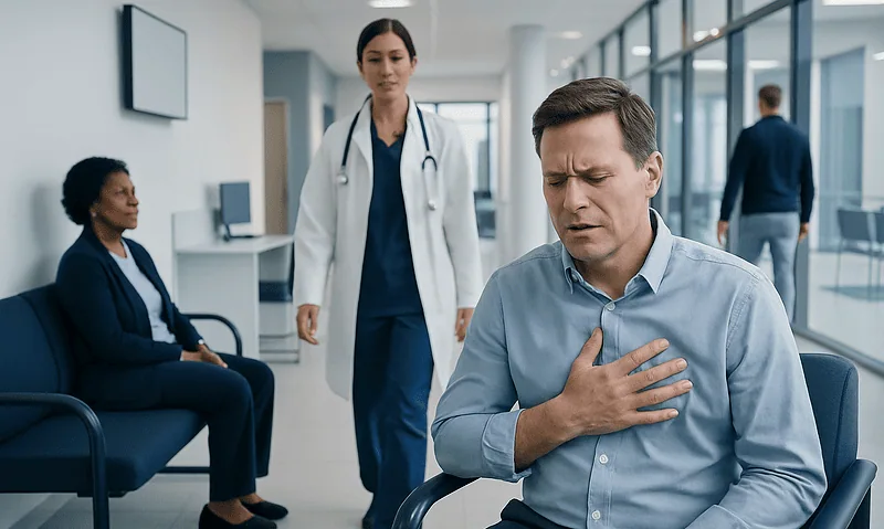 Discomfort in Chest after Endoscopy: Preparation, Procedure and Results 3 Patient experiencing chest discomfort in hospital waiting area.