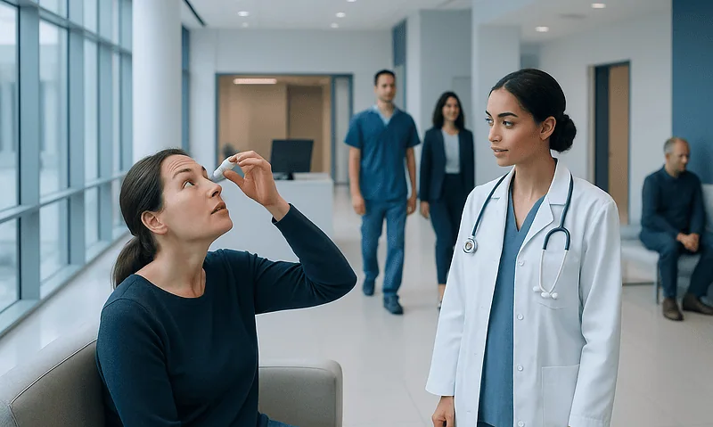 Doctor examining patient's eye in a hospital corridor at Acibadem Hospitals Group.