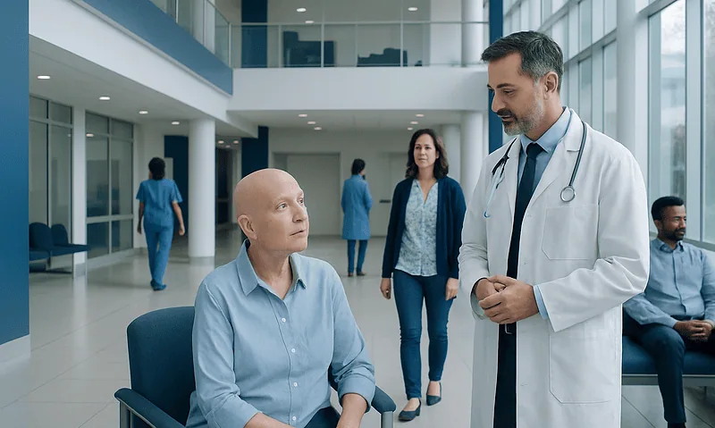 Doctor consulting a patient in a modern hospital lobby.